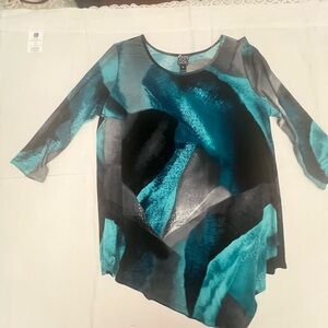 CLARA SUNWOO Teal Black Abstract Asymmetrical Top